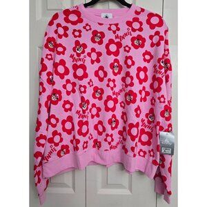 Disney Minnie Mouse Pink Crewneck Sweatshirt With Red Floral Print Large NWT New